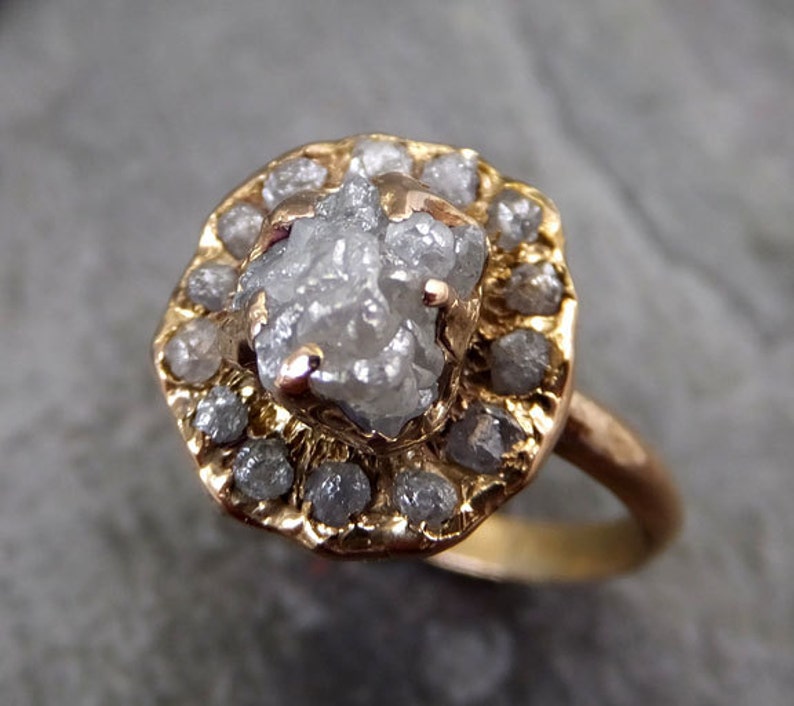 Raw Diamond Halo Engagement Ring Rough 18k Gold Wedding Ring - Etsy