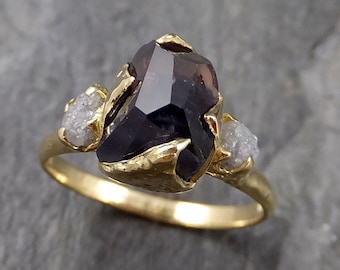 Partially faceted sapphire gemstone Raw Rough Diamond 18k Yellow Gold Engagement multi stone 1133