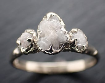 Three Stone Rough Diamond Crown Ring • 14k White Gold • Rustic Diamond Engagement Ring • Handmade byAngeline 3634