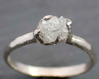 Raw White Diamond Solitaire Engagement Ring 14k White Gold Stacking Rough Diamond byAngeline 3469