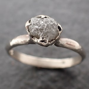 Raw White Diamond Solitaire Engagement Ring 14k White Gold Stacking Rough Diamond byAngeline 3174