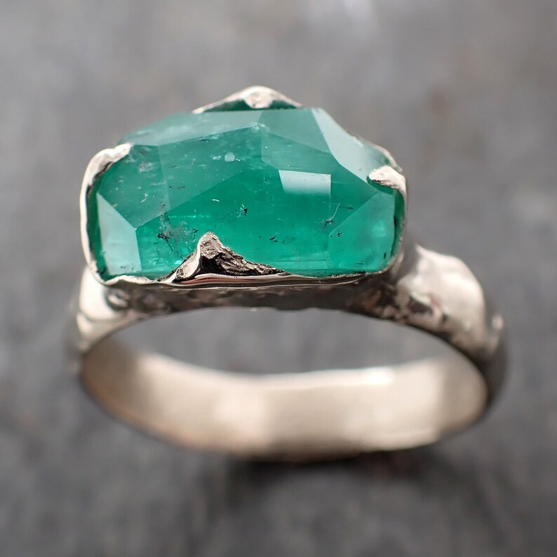 Partially Faceted Emerald Solitaire White 14k Gold Ring Birthstone One Of a Kind Gemstone Cocktail Ring Recycled 3025 image 7