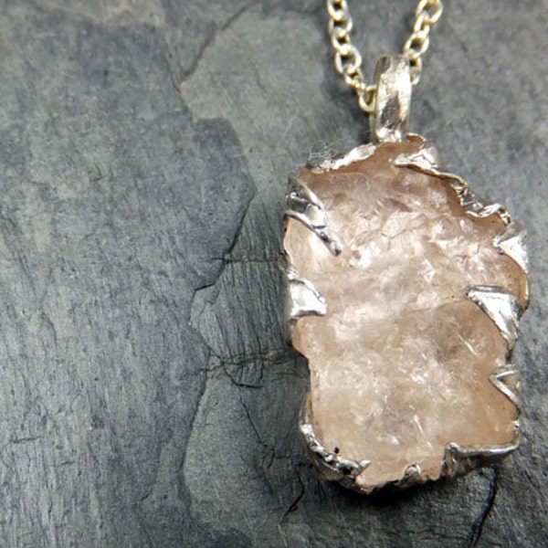 Raw Rough Uncut Morganite Rough Sterling silver One of a Kind Necklace Pink Gem Stone Recycled Sterling Silver byAngeline