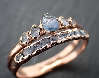Raw Montana Yogo Sapphire 5 Stone Crown Engagement Ring • Rough Yogo Wedding Band • Rose Yellow White Gold • Handmade by Angeline C1188