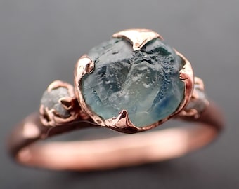 Raw blue Montana Sapphire Diamond Rose Gold Engagement Wedding Ring Custom One Of a Kind Gemstone Multi stone Ring 3331