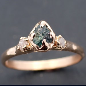 Dainty Raw green Montana Sapphire and rough diamonds Yellow 14k Gold Engagement Wedding Gemstone Multi stone ring 3462