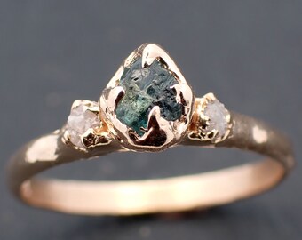 Dainty Raw green Montana Sapphire and rough diamonds Yellow 14k Gold Engagement Wedding Gemstone Multi stone ring 3462