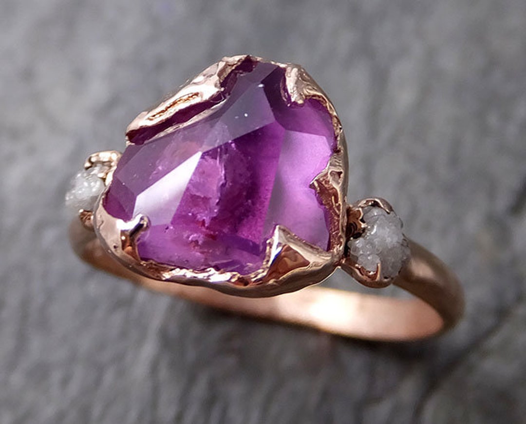 Bague de fiançailles en or rose 14 carats, diamants bruts, multi