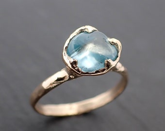 Aquamarine tumbled yellow 14k gold Solitaire gemstone ring 3493