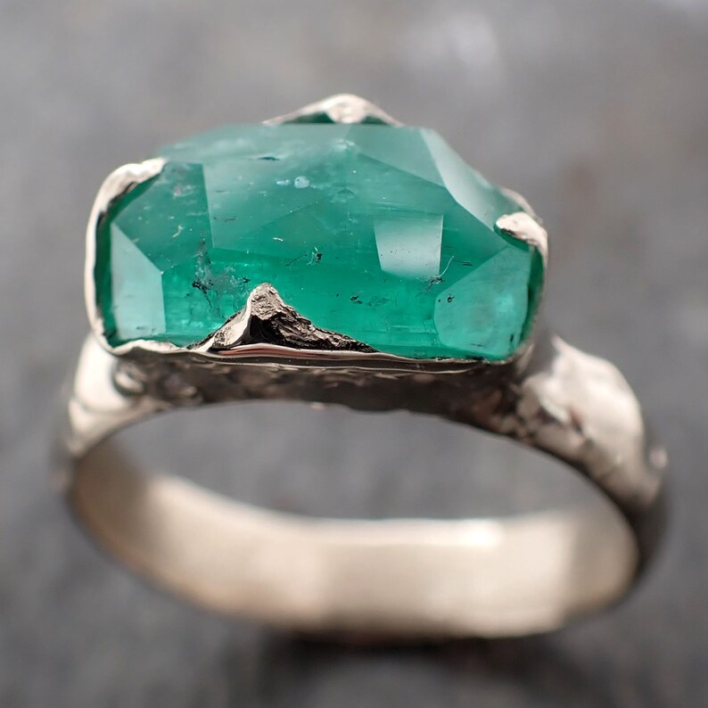 Partially Faceted Emerald Solitaire White 14k Gold Ring Birthstone One Of a Kind Gemstone Cocktail Ring Recycled 3025 image 6