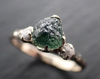Raw Blue Green Montana Sapphire Engagement Ring • Rough Accent Diamonds • 14k White Gold • Handmade byAngeline 3638