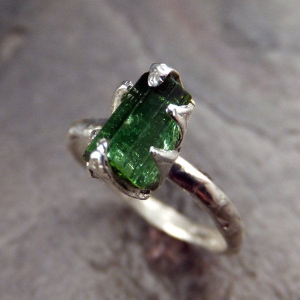 Raw Green Tourmaline Ring Rough Uncut Gemstone Crystal Sterling Silver recycled Size 5 3/4 stacking cocktail statement byAngeline