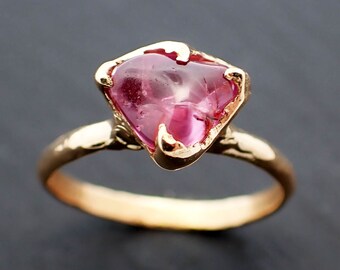 Sapphire tumbled yellow 18k gold Solitaire pink tumbled gemstone ring 3507