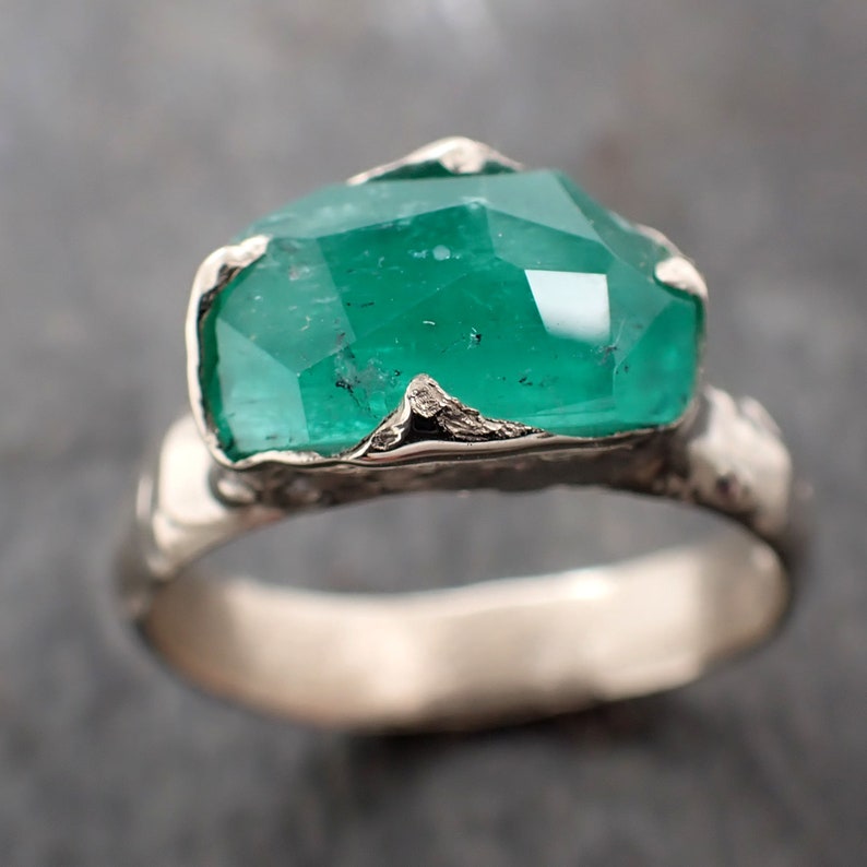 Partially Faceted Emerald Solitaire White 14k Gold Ring Birthstone One Of a Kind Gemstone Cocktail Ring Recycled 3025 image 4