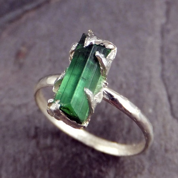 Raw Green Tourmaline Ring Rough Uncut Gemstone Crystal Sterling Silver recycled stacking cocktail statement byAngeline