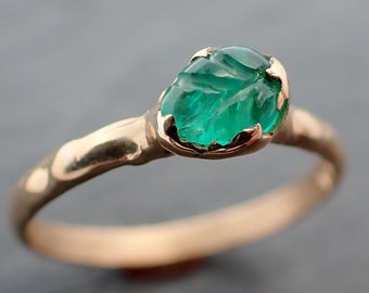 Carved Leaf Emerald Solitaire yellow 14k Gold Ring Birthstone One Of a Kind Gemstone Ring Recycled 3472