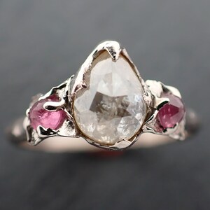 Faceted Fancy cut white Diamond and ruby multi stone Engagement 14k White Gold Lilac setting Wedding Ring 3395