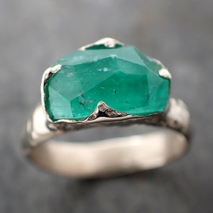 Partially Faceted Emerald Solitaire White 14k Gold Ring Birthstone One Of a Kind Gemstone Cocktail Ring Recycled 3025 image 1