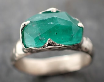 Partially Faceted Emerald Solitaire White 14k Gold Ring Birthstone One Of a Kind Gemstone Cocktail Ring Recycled 3025