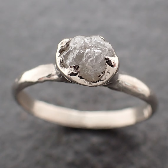 Raw White Diamond Solitaire Engagement Ring 14k White Gold