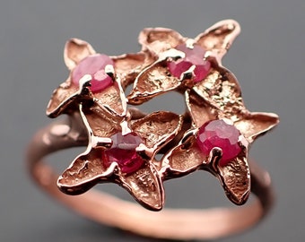 Bague fleur lilas véritable : bague florale rubis en or rose 14 carats