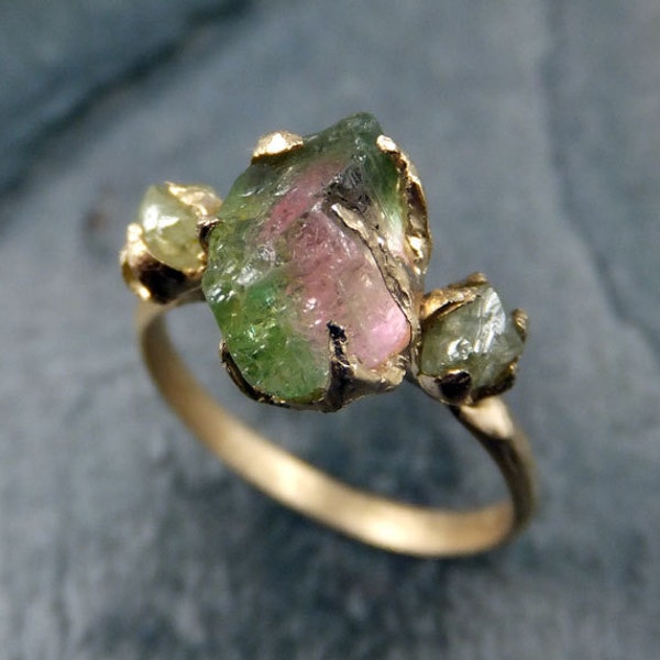 Raw Watermelon Tourmaline Diamond Gold Engagement Ring Wedding Ring Custom One Of a Kind Gemstone Ring Bespoke Three stone Ring byAngeline
