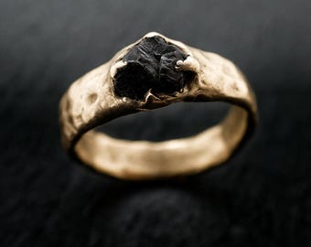 Raw Black Diamond Ring • Rustic Band • Organic Diamond Wedding Ring • Custom Gold or Silver • Handmade byAngeline C1144