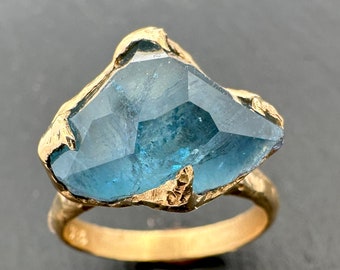 Partially faceted Aquamarine Solitaire Ring 18k gold Custom One Of a Kind Gemstone Ring Bespoke byAngeline 3481