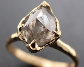 Fancy Cut Salt and Pepper Diamond Solitaire 18k Yellow Gold Ring Engagement Wedding Statement