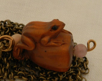 Boxwood Ojime frog on long brass chain necklace , Japanese hand carved Boxwood Ojime charm , frog charm for good luck , necklace for a women