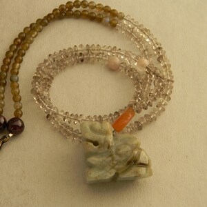 Jade Fu Dog on delicate smokey quartz necklace , Foo Dog Guardian Lion & protection talisman Shishi , Carved jade jewelry , necklace 4 women
