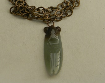 Nephrite cicada pendant on oxidized brass chain necklace , celadon nephrite cicada , nephrite pendant , nephrite jewelry , necklace 4 women