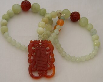 Carnelian pendant & charms on new jade beads necklace , rare carved double dragon carnelian pendant , jade jewelry , jade necklace for women