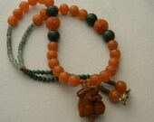 Netsuke rabbit pendant on orange aventurine beads necklace , carved carnelian charms , green jade beads , Japanese Boxwood Netsuke jewelry