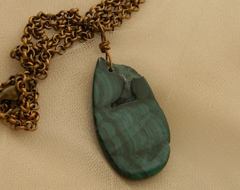 Malachite rough pendant on oxidized brass chain necklace , exotic deep green rough malachite , perfect imperfect single gemstone pendant