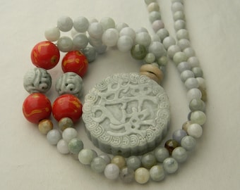 Blue jade charm & light blue jade beads necklace , Indonesian shiny jade pendant , vintage Chinese glass beads , carved jade jewelry 4 women