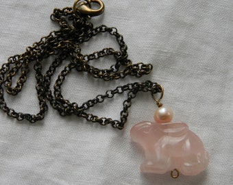 Rose quartz rabbit & a pink pearl on oxidized brass chain necklace , 22 inch chain , rabbit for good fortune/ fertility , necklace for women