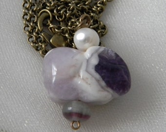 Amethyst rabbit pendant on oxidized brass chain necklace , rabbit for fertility & good fortune , long one bead necklace , necklace for women