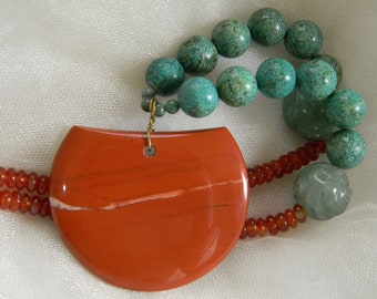 Unusual red jasper pendant on blue green chrysocolla & carnelian beads necklace , jade rabbit for good fortune , handcrafted jewelry 4 women