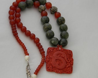 Cinnabar dragon pendant on large green jade & red carnelian beads necklace , square pendant , vintage Chinese silver , women Asian necklace