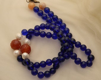 Vintage azure blue glass beads necklace with cultured pearls and carved carnelian bead charms , long 34 inch single strand necklace 4 women