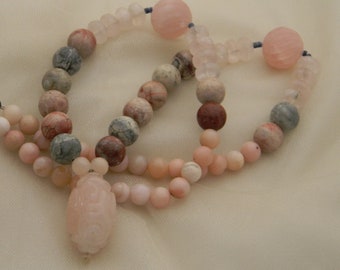 Carved rose quartz pendant on strawberry jasper & pink opal beads necklace, rose quartz jewelry, long colorful jasper/opal necklace 4 women