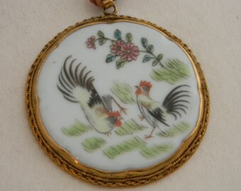 Vintage illustrated china pendants on leather cord , vintage Chinese framed china pendants , birds illustration , unusual Asian jewelry ,
