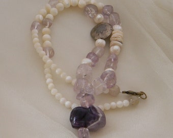 Carved amethyst rabbit pendant on amethyst nuggets & cultured pearls necklace , mother of pearl beads , ethereal / festive  necklace 4 women