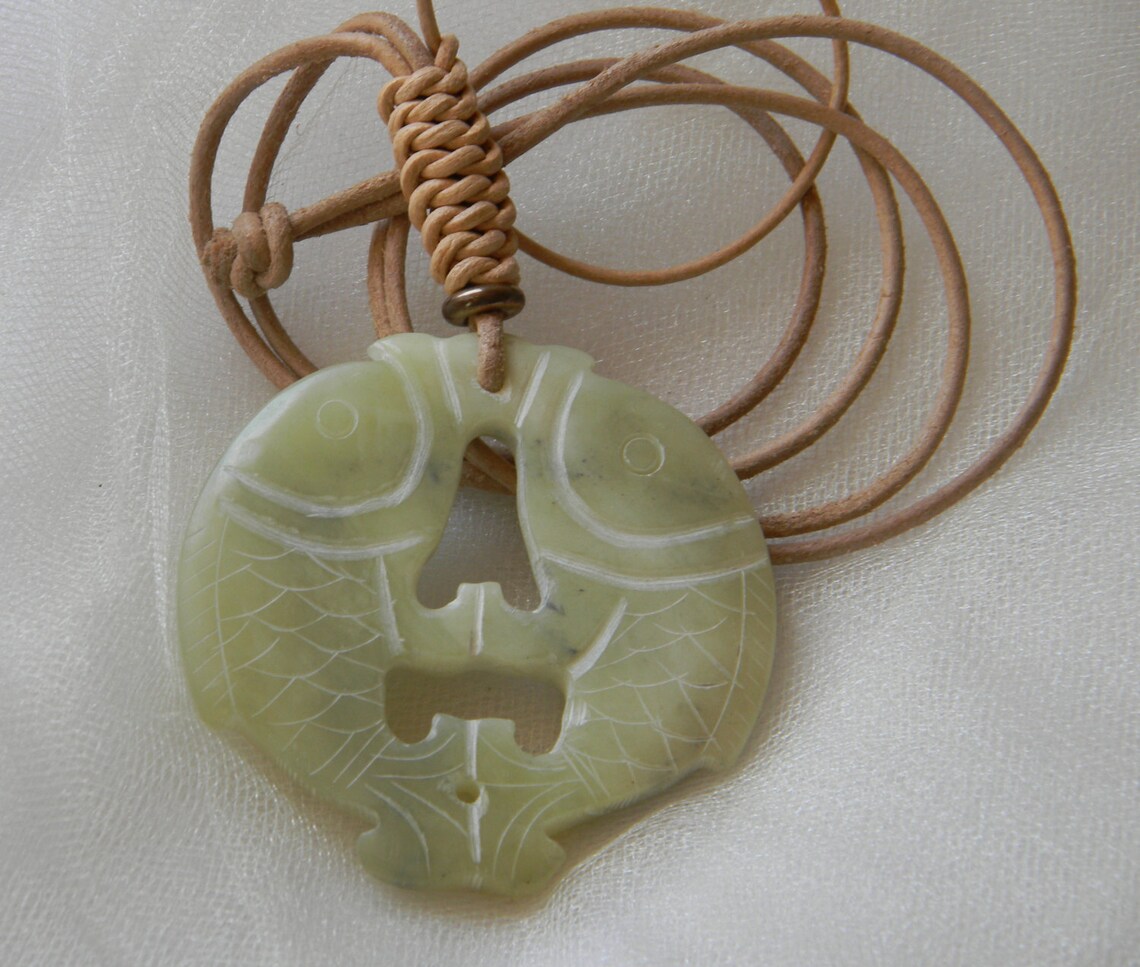 Jade fish pendant w leather cord light green jade pair of Etsy