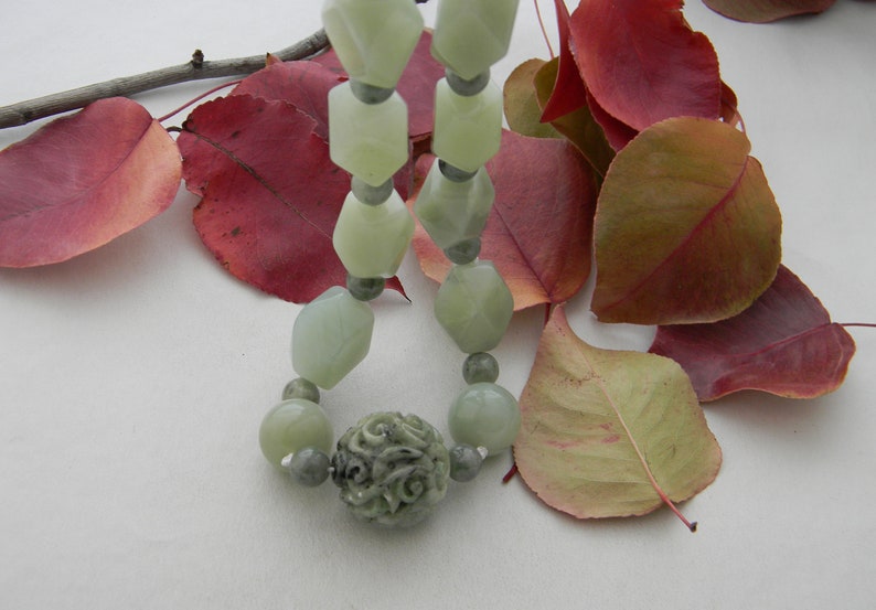 Carved Jade Bead Pendant on Large Celadon Jade Beads Necklace , Silk