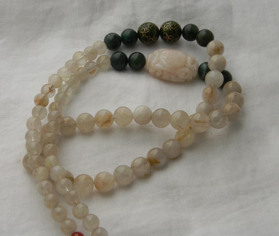 Rutilated quartz beads necklace with carved aquamarine charm & Cloisonne enamel bead side charms , long single strand bead necklace 4 women