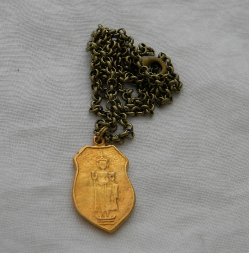 Gold Buddha Pendant W Antiqued Brass Chain Necklace For Men Filled Buddhist Jewelry Religious Icon