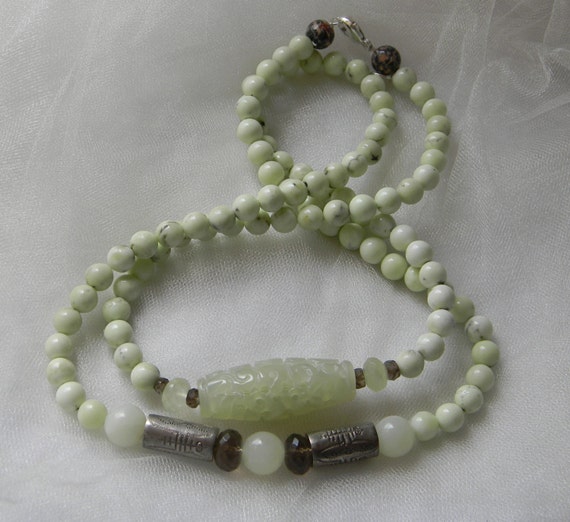 Lemon chrysoprase beads w Jade bead charm & smoky quartz beads necklace , beaded jewelry , carved light green jade bead , chakra gemstone
