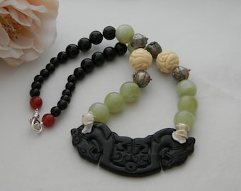 Jade pendant on jade & onyx beads necklace , unusual large double dragon black jade , rare jade jewelry , large jade beads necklace 4 women